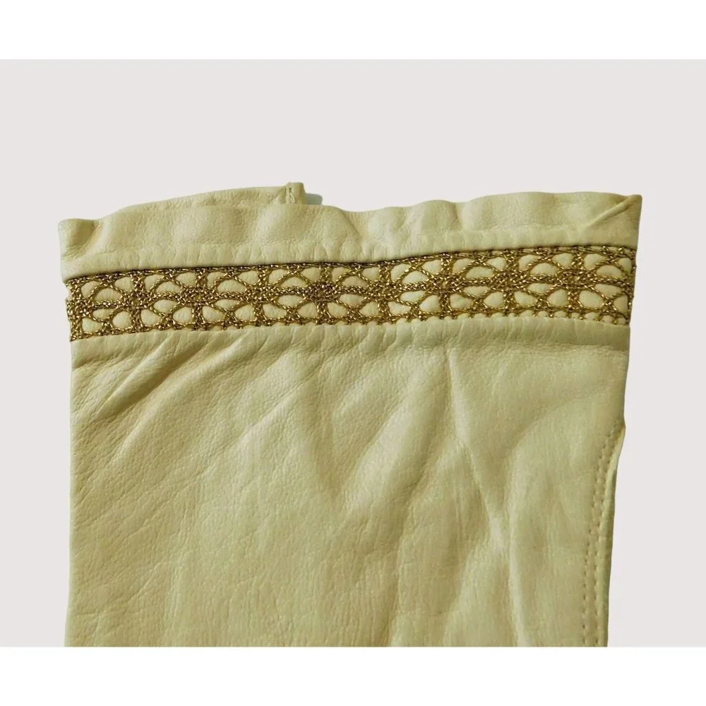 Vintage Leather Gloves Small Cream Gold Stitching Trim Theatre Wedding Parties